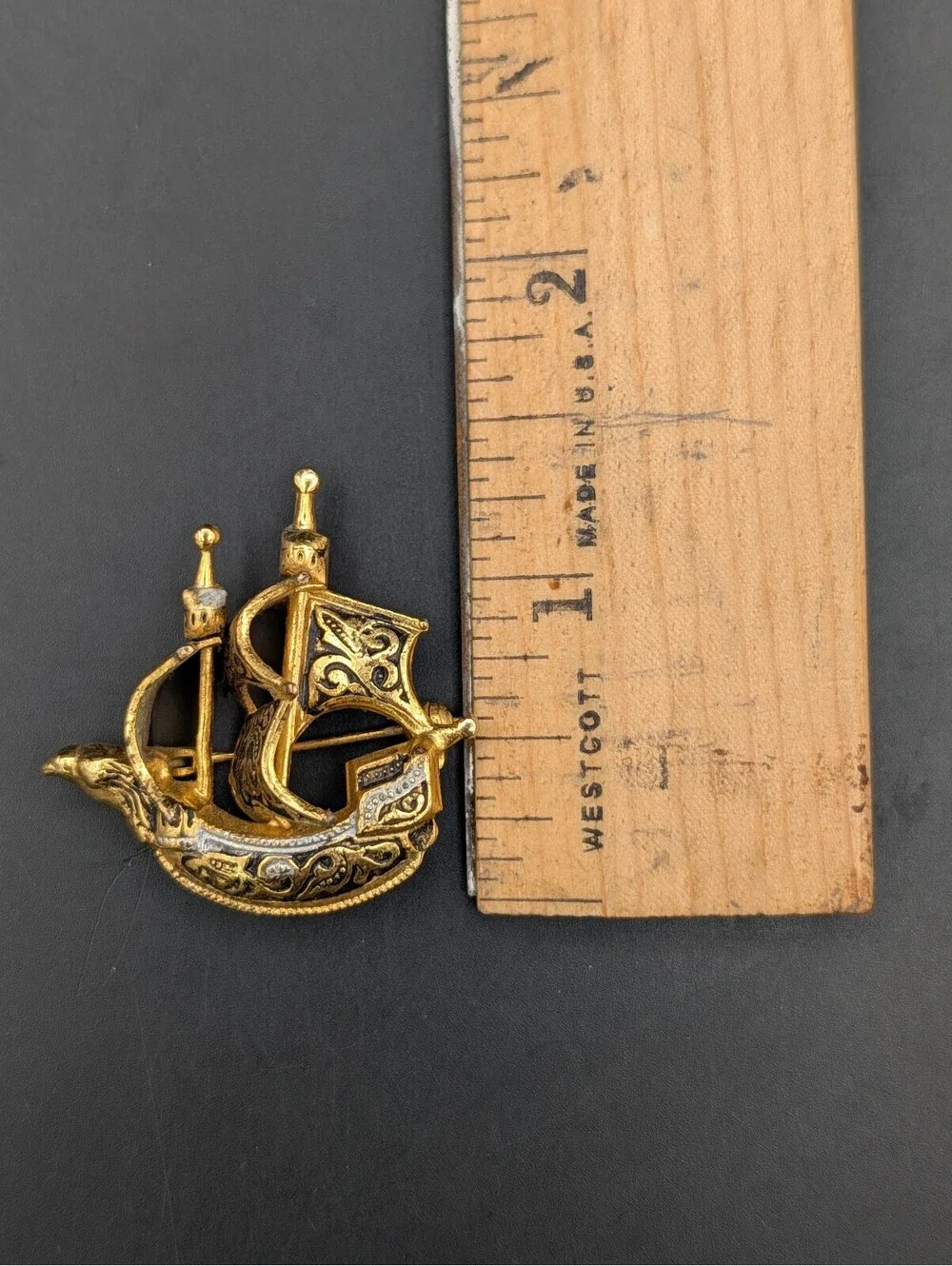 Vintage Toledo Damascene Galleon Ship Brooch Pin Spain Gold Silver Tone Black
